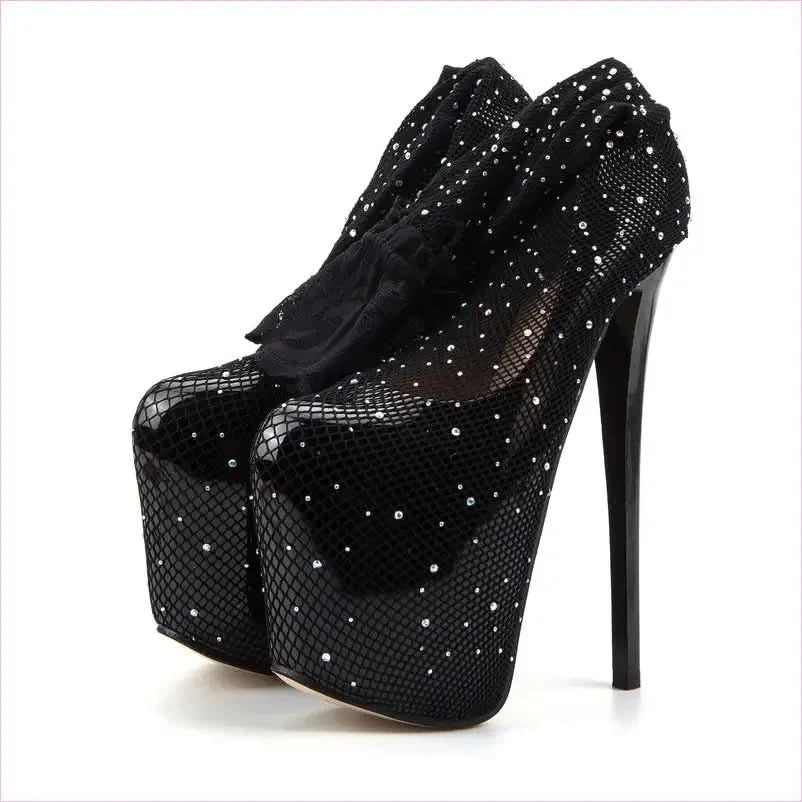 Glittery Stocking Covered Platform Heels with Diamante Rhinestone Detail - Pleasures and Sins
