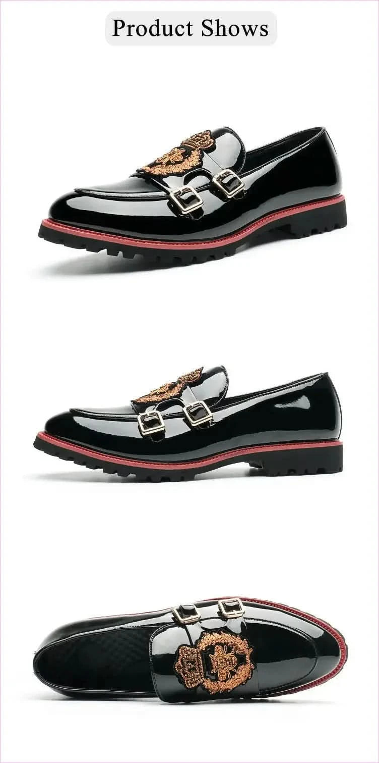 Glossy Black Buckle British Motif Shoes with Gold Embroidery - Pleasures and Sins
