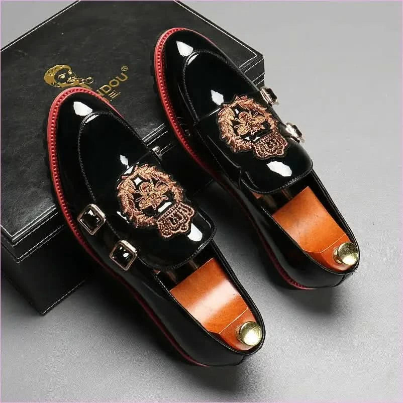 Glossy Black Buckle British Motif Shoes with Gold Embroidery - Pleasures and Sins
