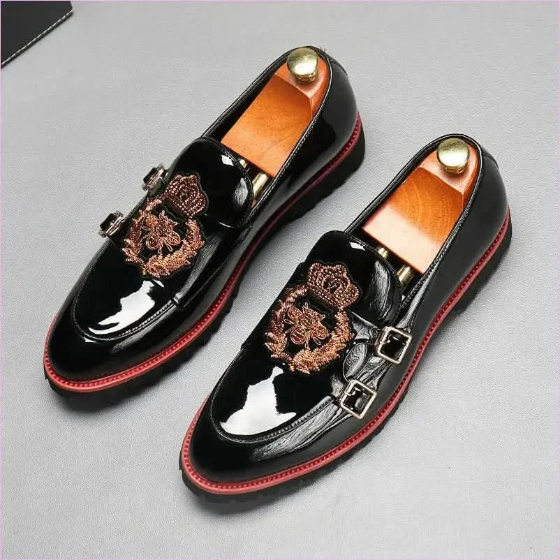 Glossy Black Buckle British Motif Shoes with Gold Embroidery - Pleasures and Sins