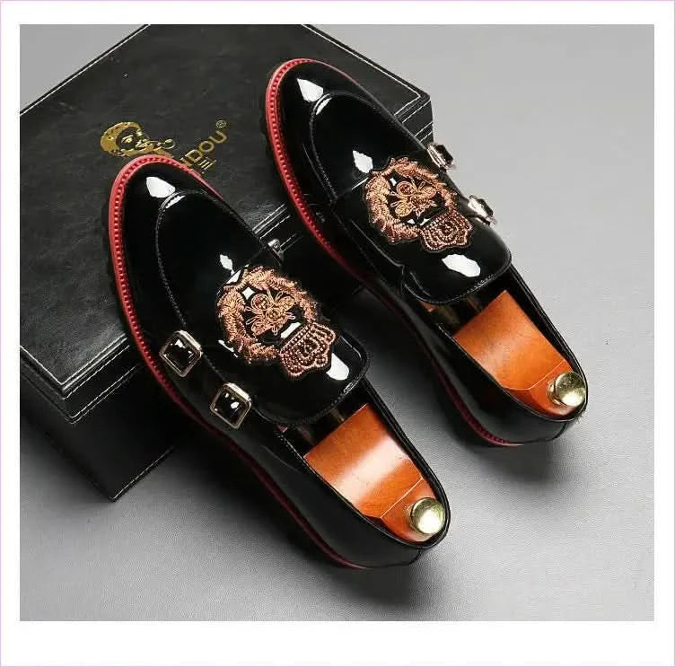 Glossy Black Buckle British Motif Shoes with Gold Embroidery - Pleasures and Sins