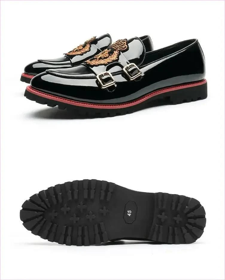 Glossy Black Buckle British Motif Shoes with Gold Embroidery - Pleasures and Sins