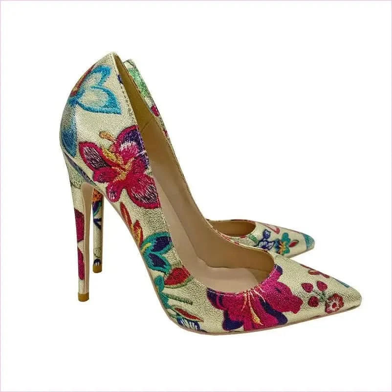 Gold Embroidered Floral High Heel Shoes with Butterfly Design - Pleasures and Sins
