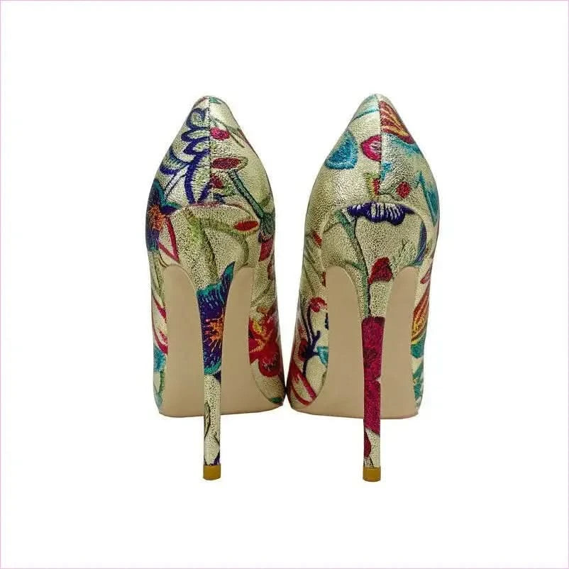 Gold Embroidered Floral High Heel Shoes with Butterfly Design - Pleasures and Sins