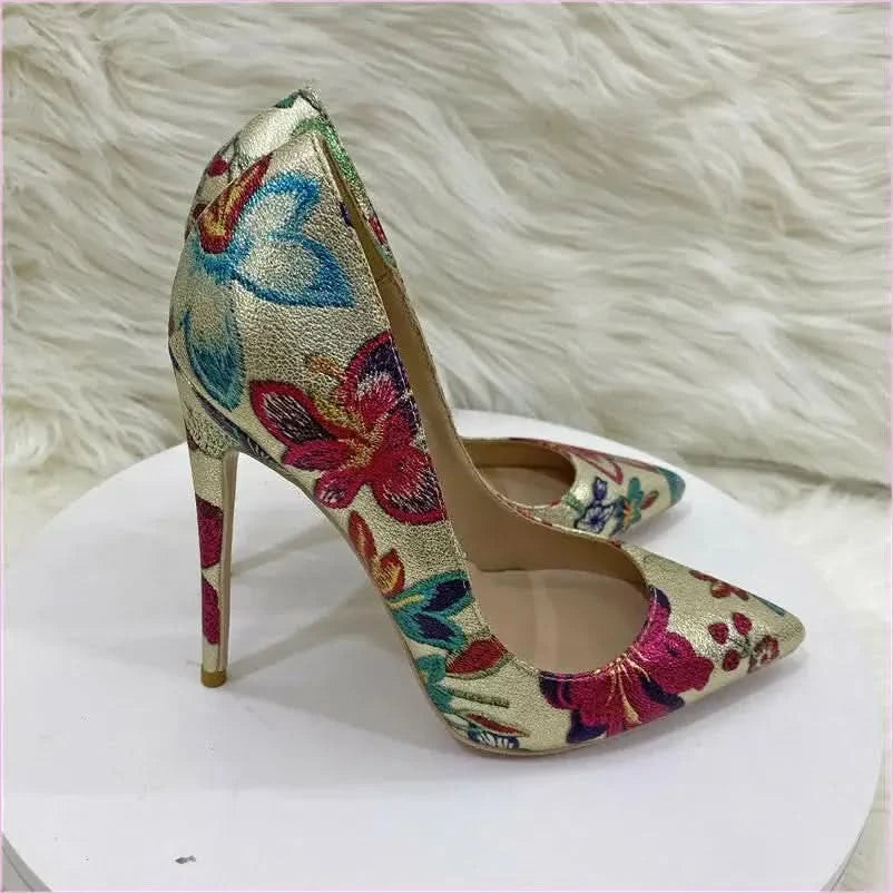 Gold Embroidered Floral High Heel Shoes with Butterfly Design - Pleasures and Sins
