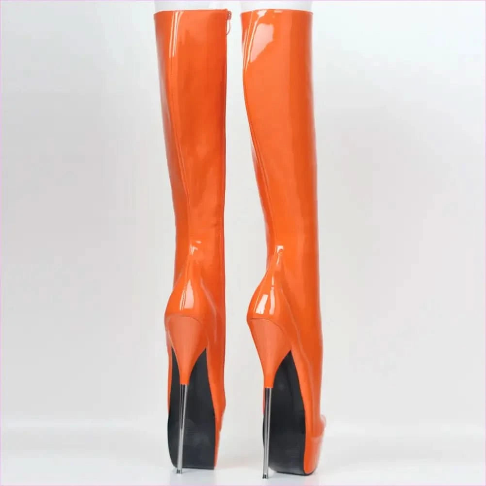 Gorgeous Orange Knee-high Stiletto Heel Boots with Metal Heels - Pleasures and Sins