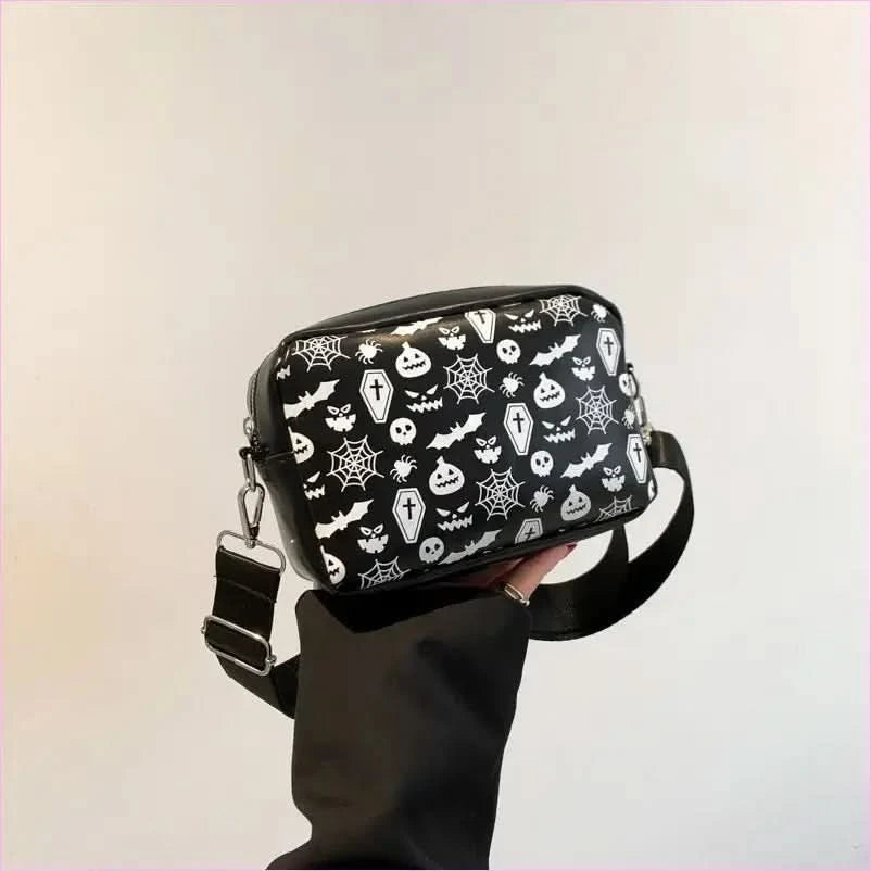 Halloween Printed Small Square Bag with Skull and Pumpkin Designs - Pleasures and Sins