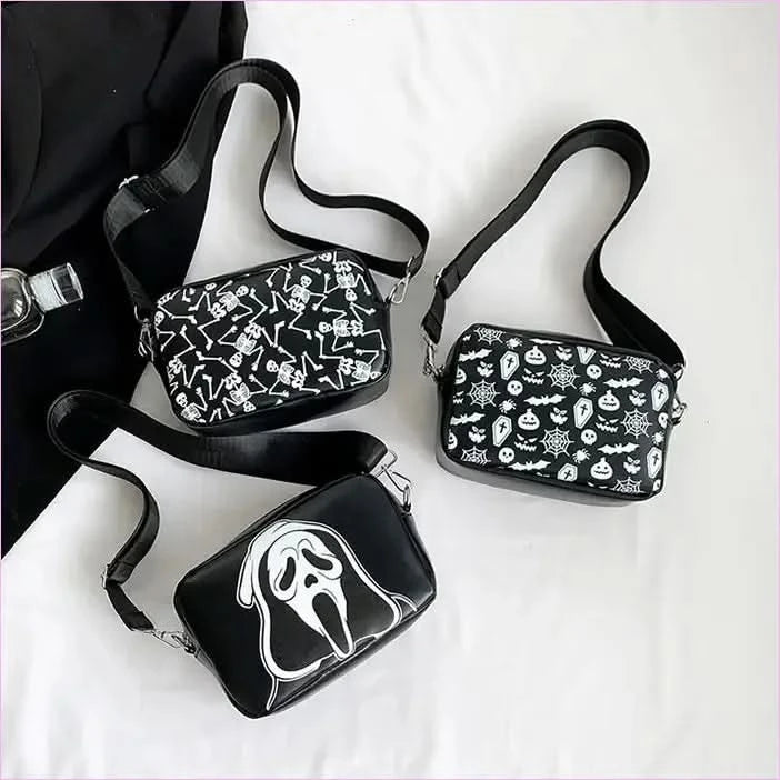 Halloween Printed Small Square Bag with Skull and Pumpkin Designs - Pleasures and Sins