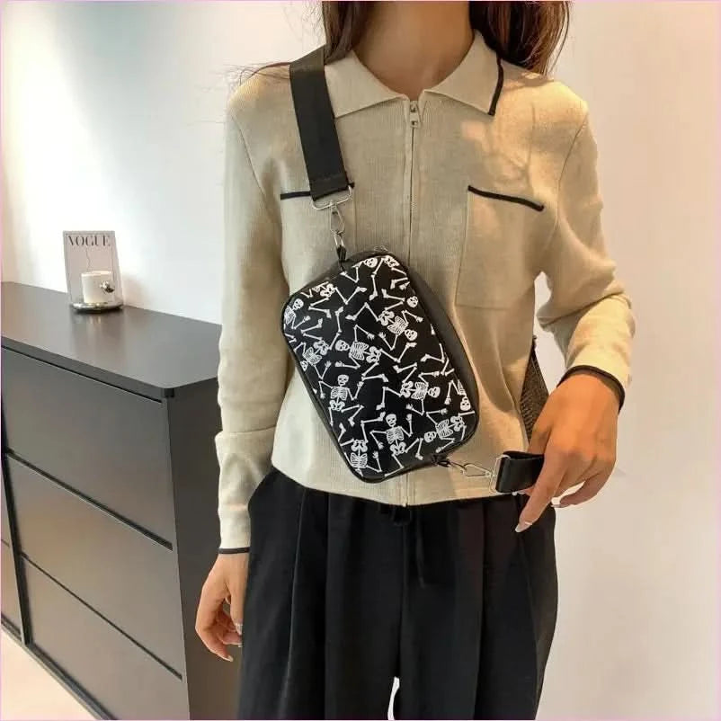 Halloween Printed Small Square Bag with Skull and Pumpkin Designs - Pleasures and Sins