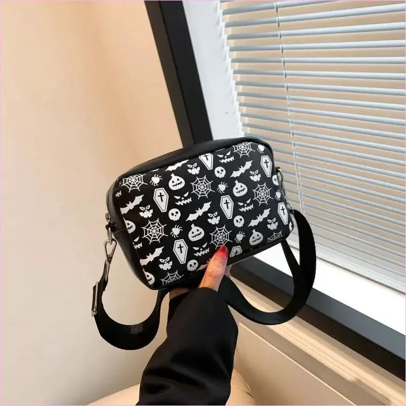 Halloween Printed Small Square Bag with Skull and Pumpkin Designs - Pleasures and Sins