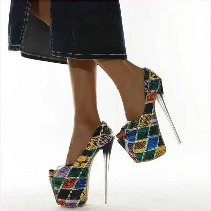Harlequin Design Platform Peep-toe Stiletto Heels with Spikes - Pleasures and Sins