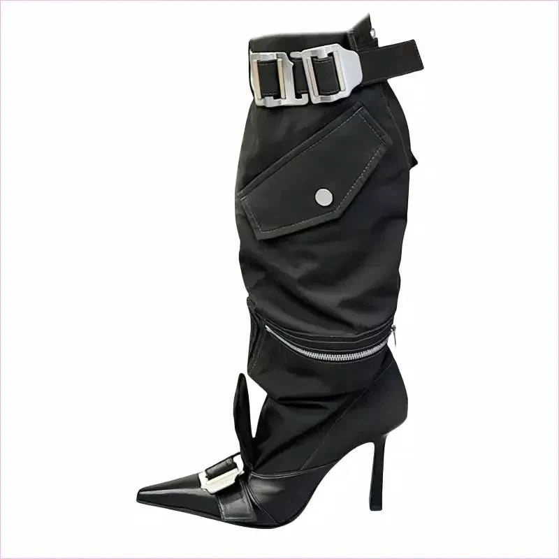 High Heel Pointed Toe Knee Boots with Buckles and Zip Pouch - Pleasures and Sins