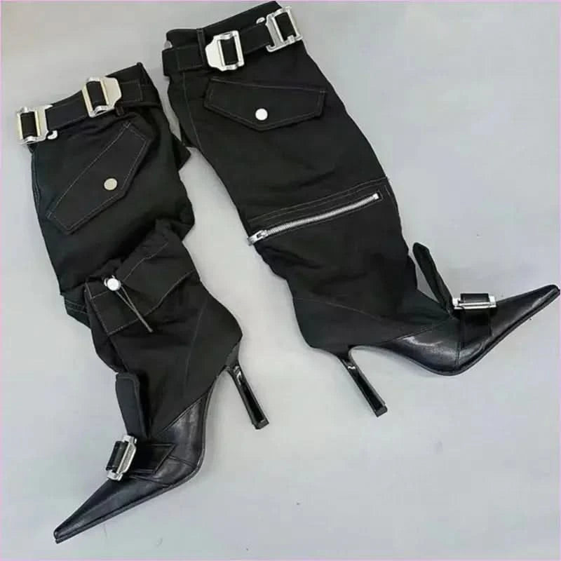High Heel Pointed Toe Knee Boots with Buckles and Zip Pouch - Pleasures and Sins