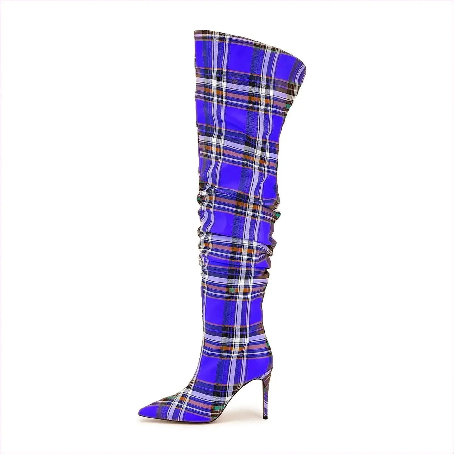 High Stiletto Heel Tartan Pattern Punk Boots in Bold Blue Yellow White - Pleasures and Sins