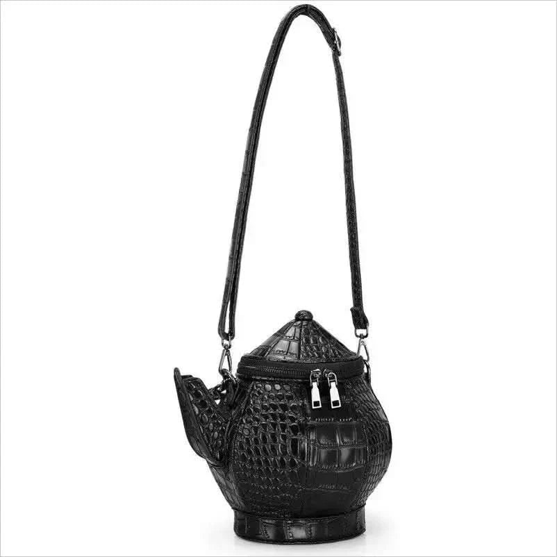 Ladies Black Teapot Shaped Shoulder Bag in Textured Leather - Pleasures and Sins