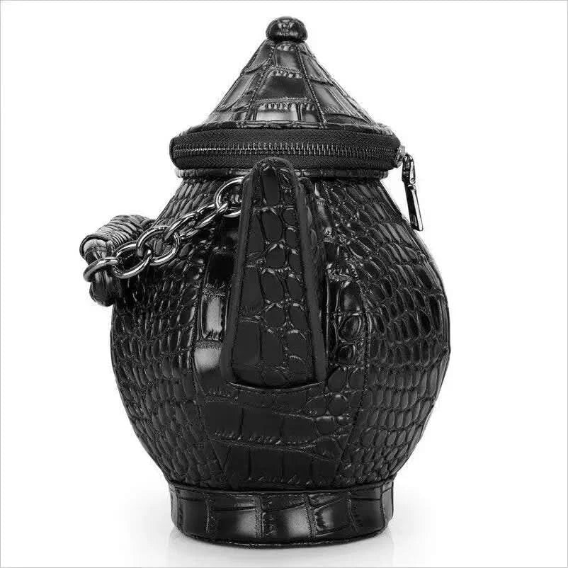 Ladies Black Teapot Shaped Shoulder Bag in Textured Leather - Pleasures and Sins