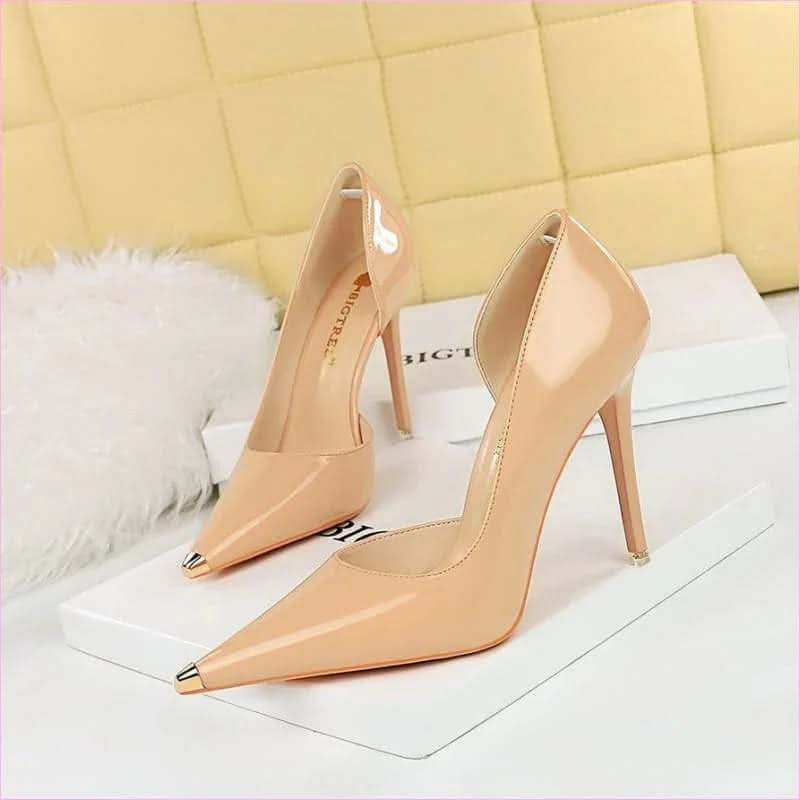 Ladies Capped Pointed Toe Patent Low-cut High Heels for Stylish Elegance - Pleasures and Sins