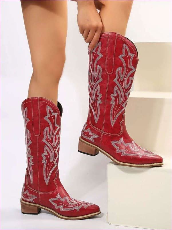 Ladies Embroidered Geometric Pattern Pointed Toe Western Boots - Pleasures and Sins