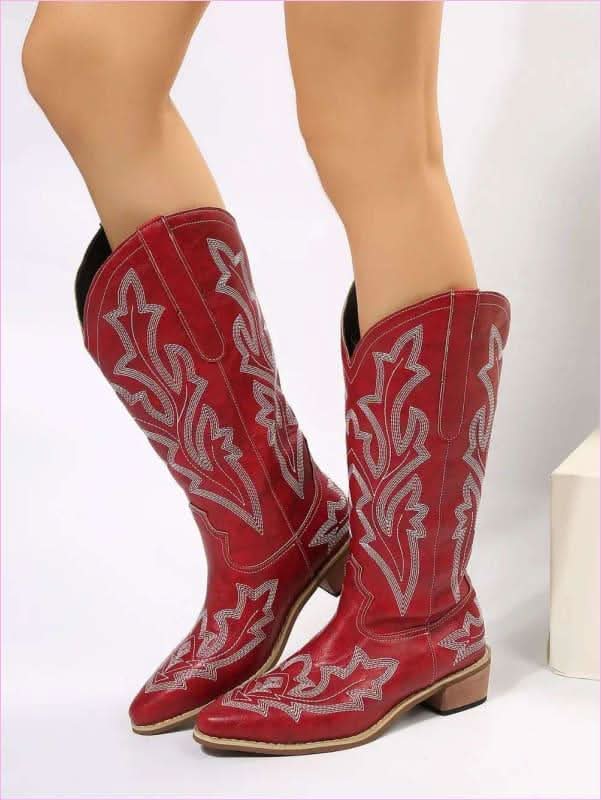 Ladies Embroidered Geometric Pattern Pointed Toe Western Boots - Pleasures and Sins