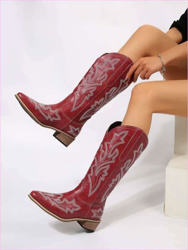 Ladies Embroidered Geometric Pattern Pointed Toe Western Boots - Pleasures and Sins