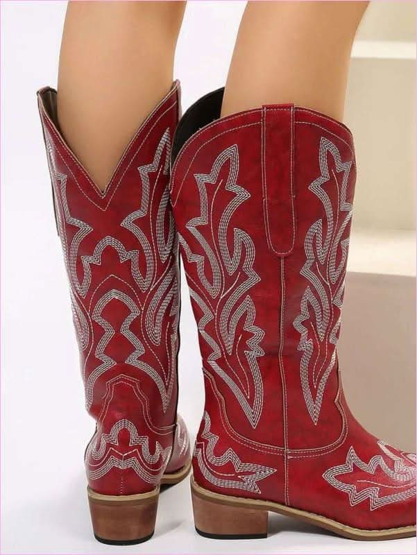Ladies Embroidered Geometric Pattern Pointed Toe Western Boots - Pleasures and Sins