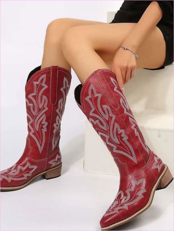 Ladies Embroidered Geometric Pattern Pointed Toe Western Boots - Pleasures and Sins
