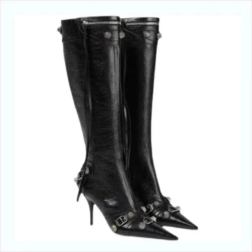 Ladies High-heeled Multi Buckle Detail Pointed Toe Boots - Pleasures and Sins