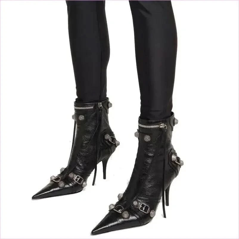 Ladies High-heeled Multi Buckle Detail Pointed Toe Boots - Pleasures and Sins