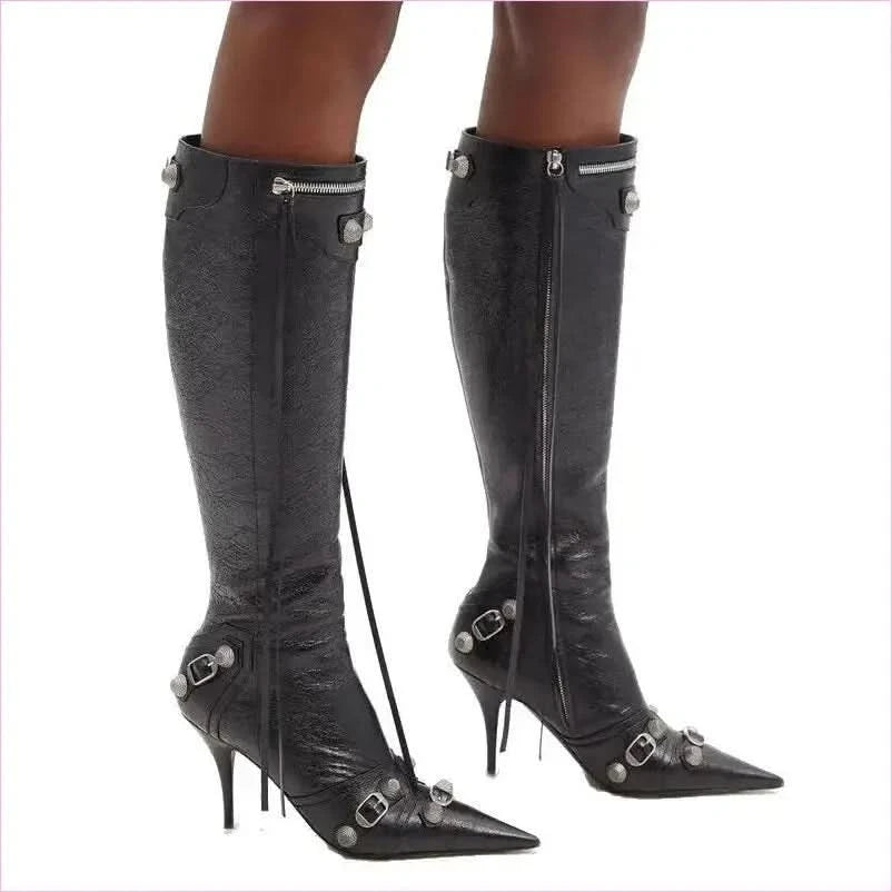 Ladies High-heeled Multi Buckle Detail Pointed Toe Boots - Pleasures and Sins
