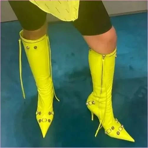 Womens Pointed Toe Metal Buckle Zipper Boots yellow / 38