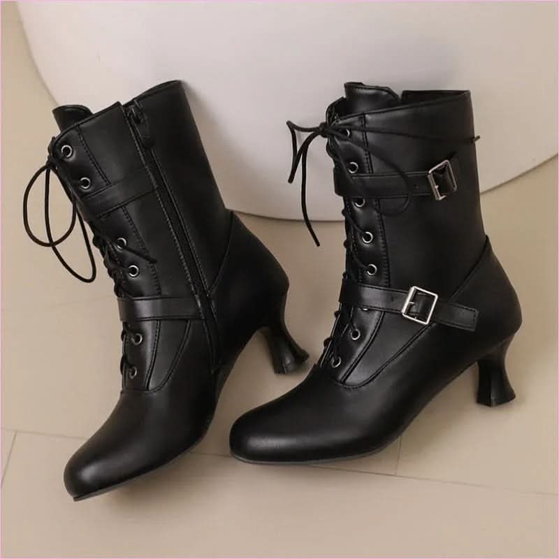 Ladies Mid Heel Lace-up Multi Buckle Ankle Boots - Pleasures and Sins