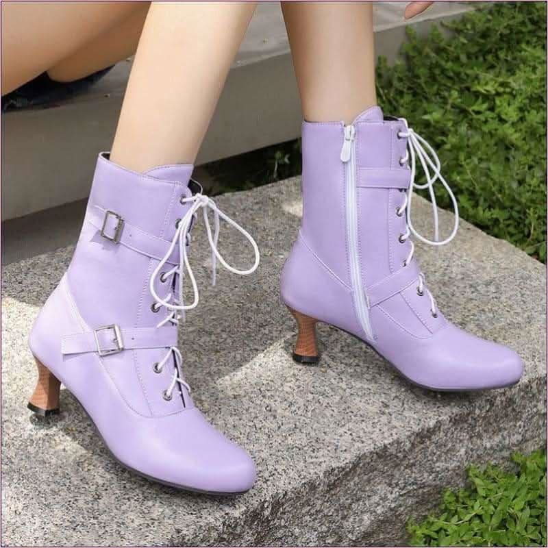 Ladies Mid Heel Lace-up Multi Buckle Ankle Boots - Pleasures and Sins