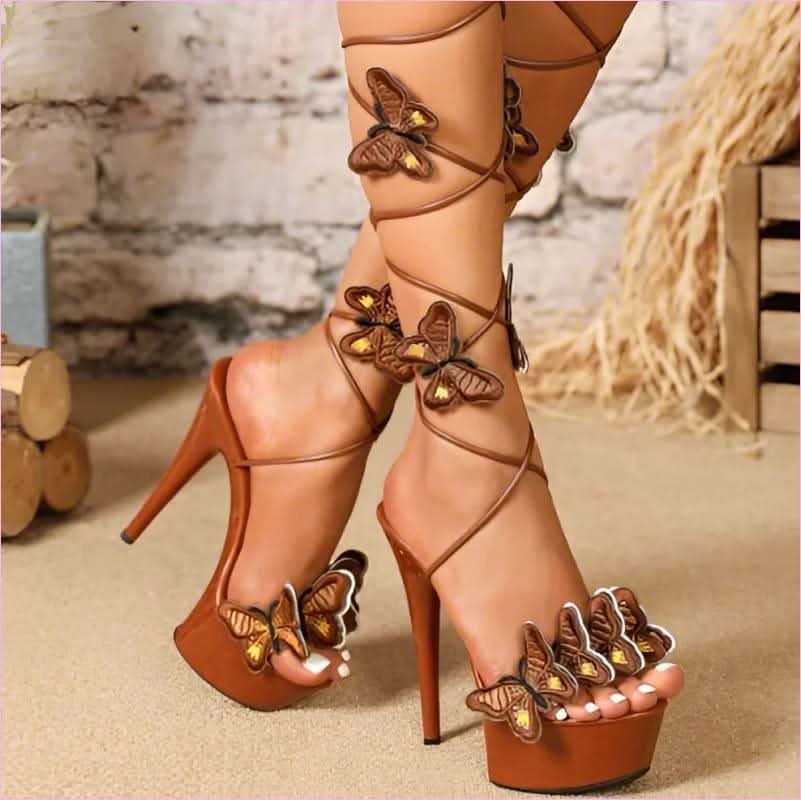 Ladies Platform High Heels with Lace-up Butterfly Design and Sky-high Platform - Pleasures and Sins