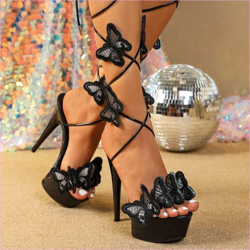 Ladies Platform High Heels with Lace-up Butterfly Design and Sky-high Platform - Pleasures and Sins