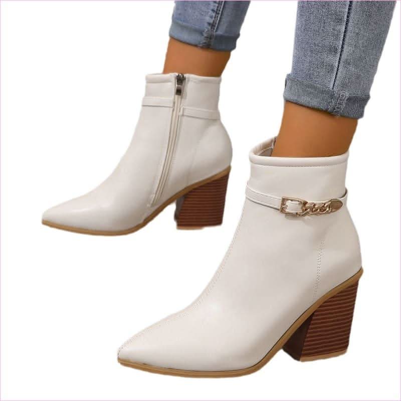 Ladies Pointed Toe Chunky Heel Boots with Zip Detail - Pleasures and Sins