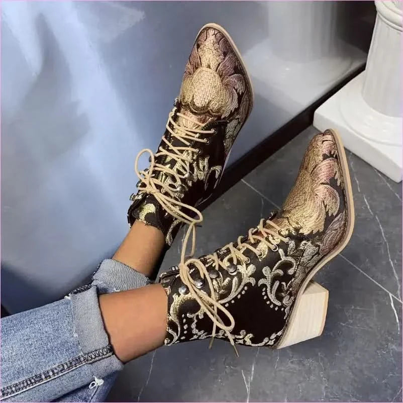 Ladies Satin Embroidered High Heel Pointed Ankle Boots - Pleasures and Sins