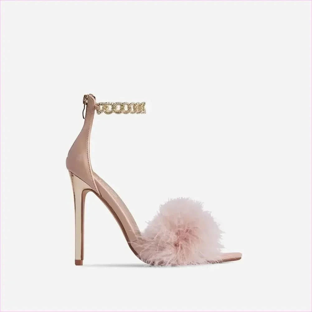 Lavender Fluffy Fur Fronted High Heel Sandals with Chain Ankle Detail - Pleasures and Sins
