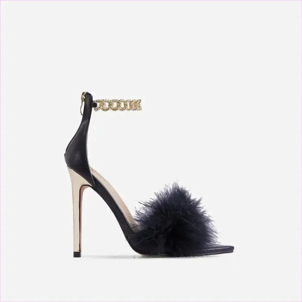 Lavender Fluffy Fur Fronted High Heel Sandals with Chain Ankle Detail - Pleasures and Sins