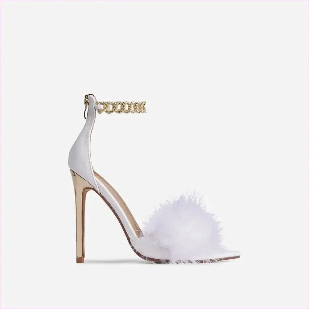 Lavender Fluffy Fur Fronted High Heel Sandals with Chain Ankle Detail - Pleasures and Sins