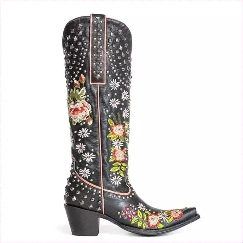 Light Blue Pointed Toe Women’s Ethnic Style Embroidered Studded Boots - Pleasures and Sins