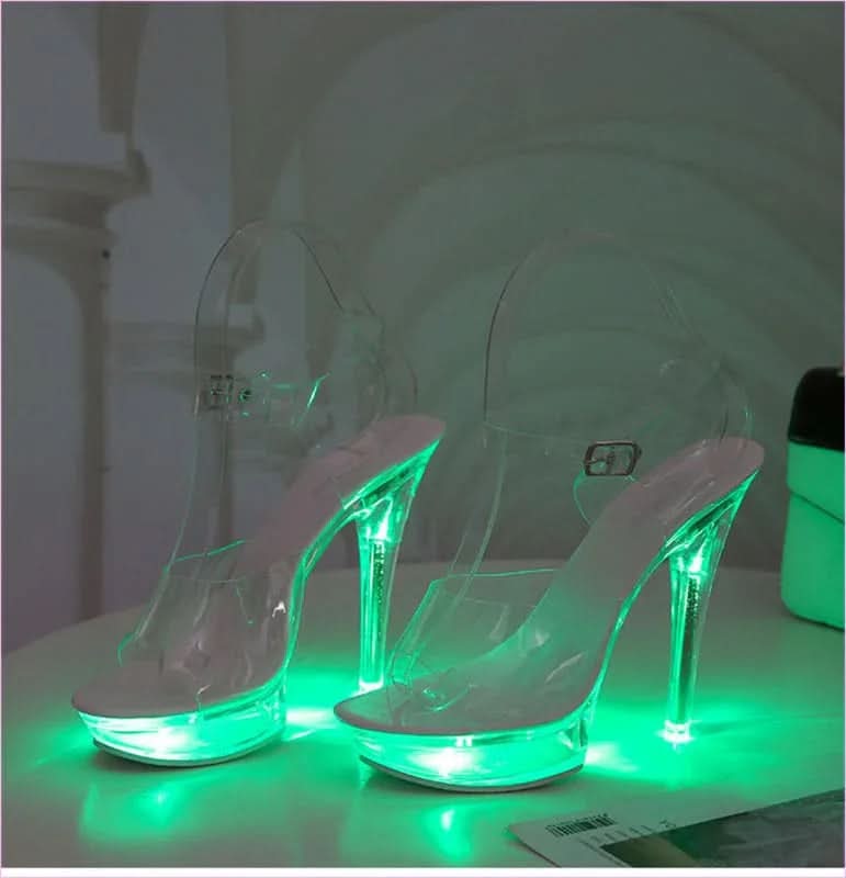 Luminous Stiletto Platform Sheer Model Crystal Sandals in Neon Pink - Pleasures and Sins