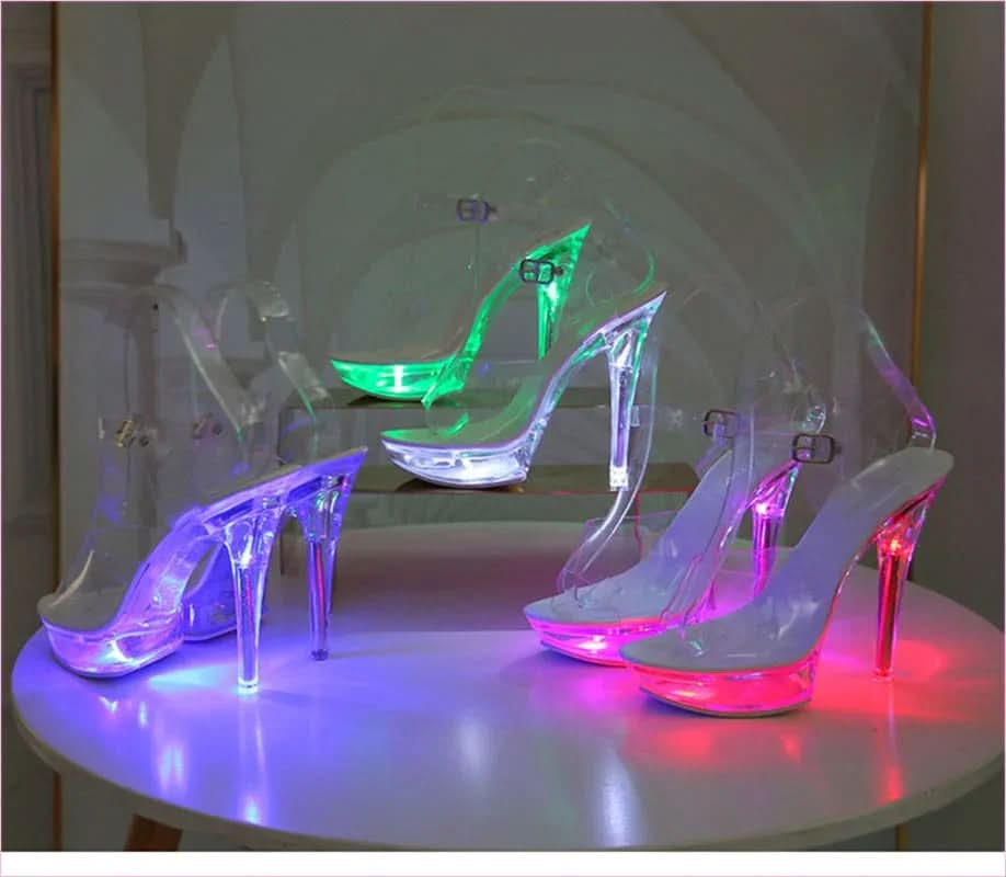 Luminous Stiletto Platform Sheer Model Crystal Sandals in Neon Pink - Pleasures and Sins
