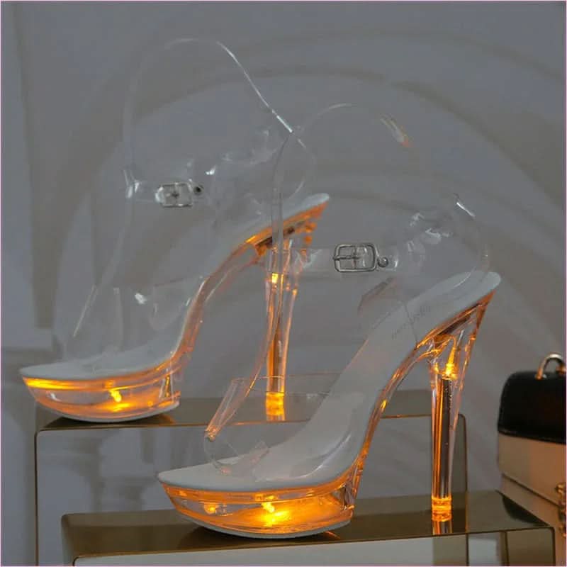 Luminous Stiletto Platform Sheer Model Crystal Sandals in Neon Pink - Pleasures and Sins