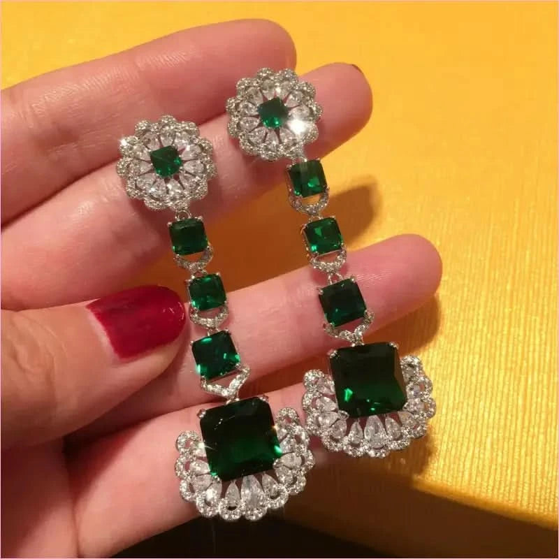 Luxurious Green Square Earrings with Emerald and Diamond Elegance - Pleasures and Sins
