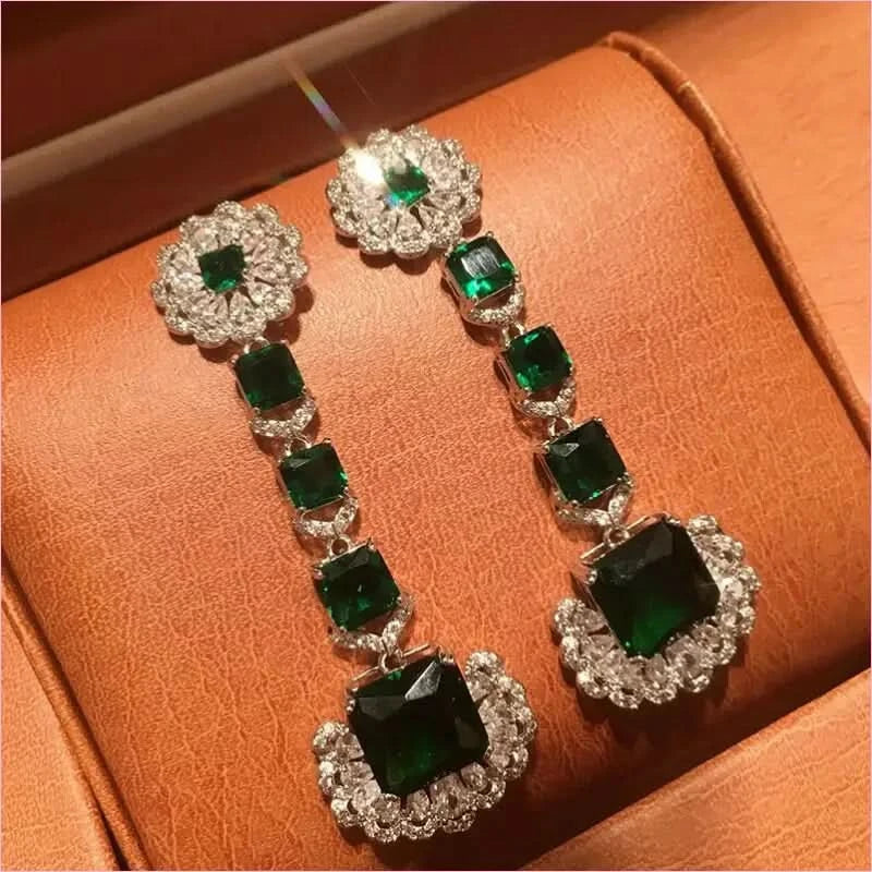 Luxurious Green Square Earrings with Emerald and Diamond Elegance - Pleasures and Sins
