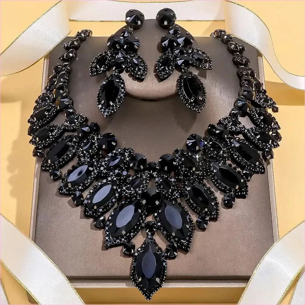 Luxury Black Rhinestone Drag Queen Necklace and Earrings Set - Pleasures and Sins