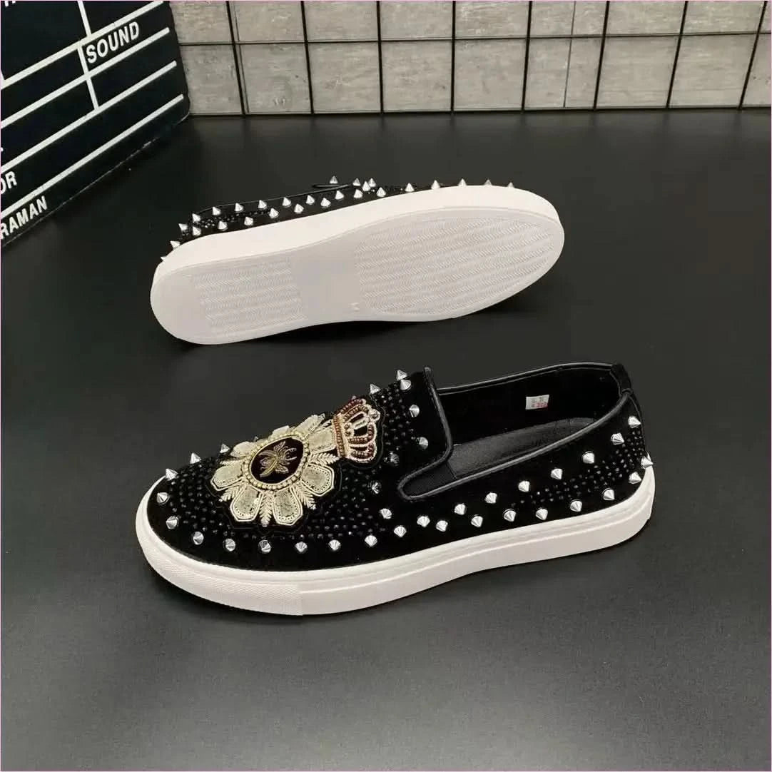 Men's Black Hot Diamond Leather Motif Slip-on Shoes with Gold Embroidery - Pleasures and Sins