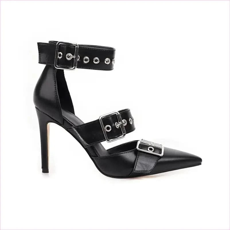 Metal Multi Buckle Ankle Strap High Heels in Black - Pleasures and Sins