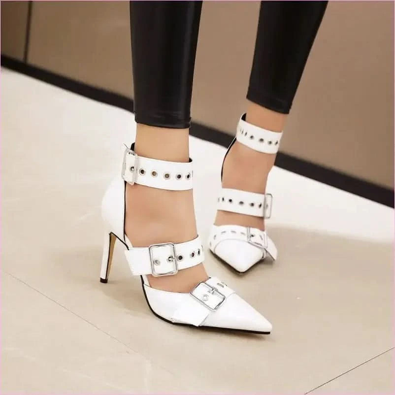 Metal Multi Buckle Ankle Strap High Heels in Black - Pleasures and Sins