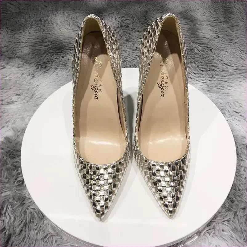 Metallic Gold Unisex Woven High-heeled Pumps - Pleasures and Sins